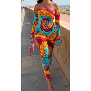 Fashion nova retro disco unitard jumpsuit Large NWT Tie Dye 70's costume